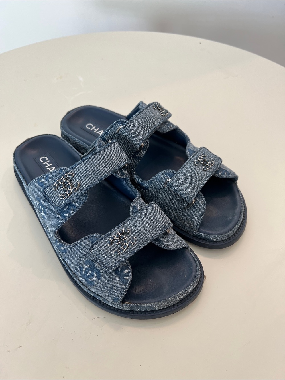 CHANEL Girls Denim Double-Strap Slide Sandals in Navy